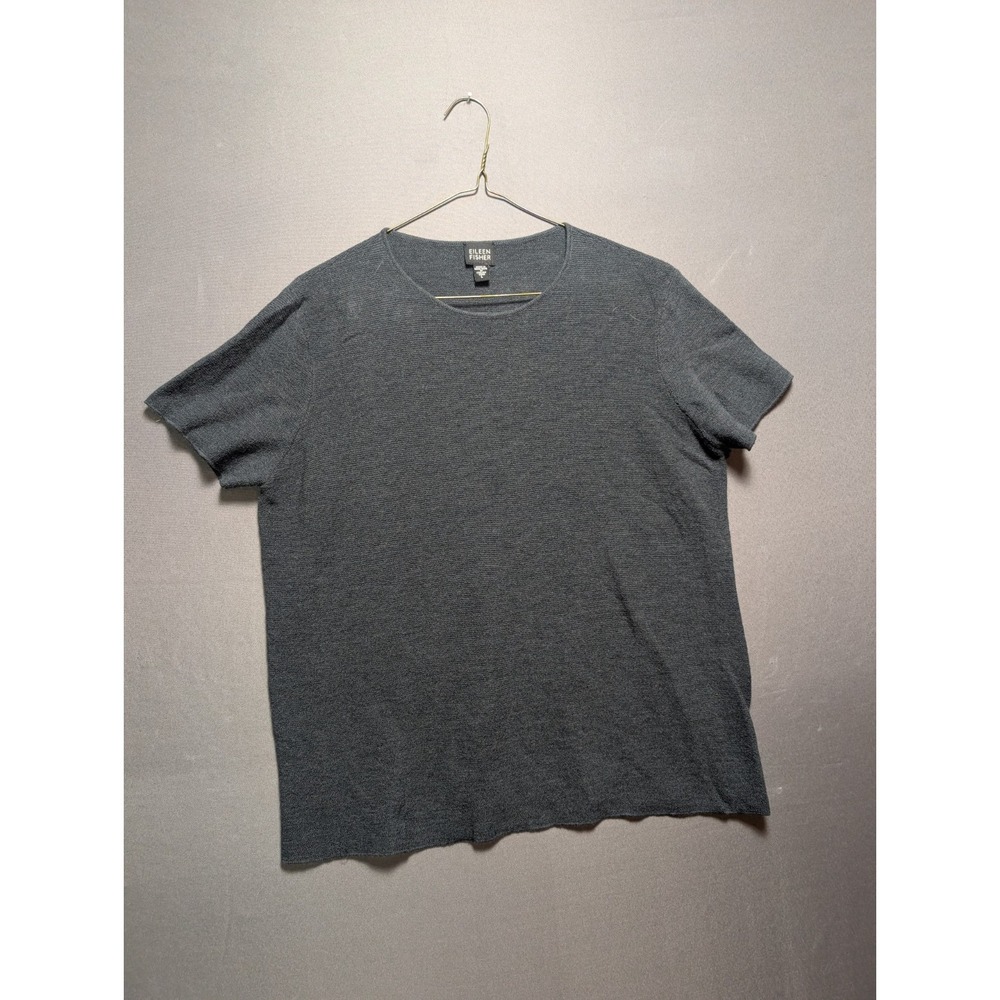 Eileen Fisher T Shirt Womens Large Charcoal Gray Textured Short Sleeve Crew Neck